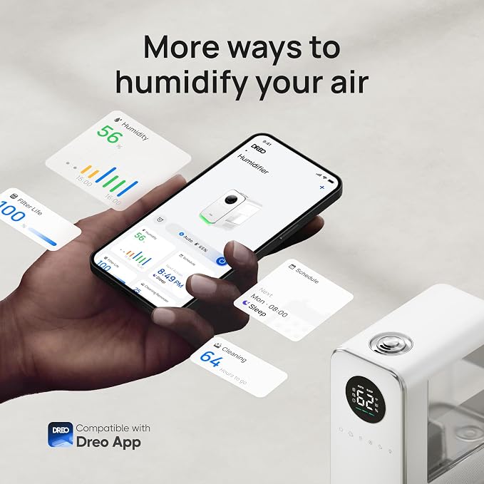 DREO Humidifiers for Bedroom, Top-filled Smart Quiet Cool Mist Humidifier for Large Room Home, Oil Diffuser & Nightlight, 50Hours Runtime for Indoor Plants, with Alexa/Google, White - Image 6