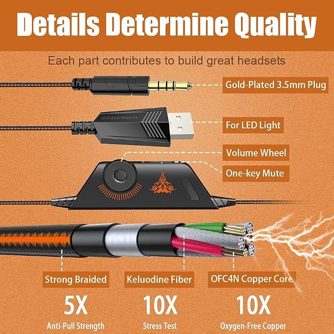 BENGOO G9000 Stereo Gaming Headset for PS4, PC, Xbox One Controller, Noise Cancelling Over Ear Headphones with Mic, LED Light, Bass Surround, Soft Memory Earmuffs (Orange) - Image 6