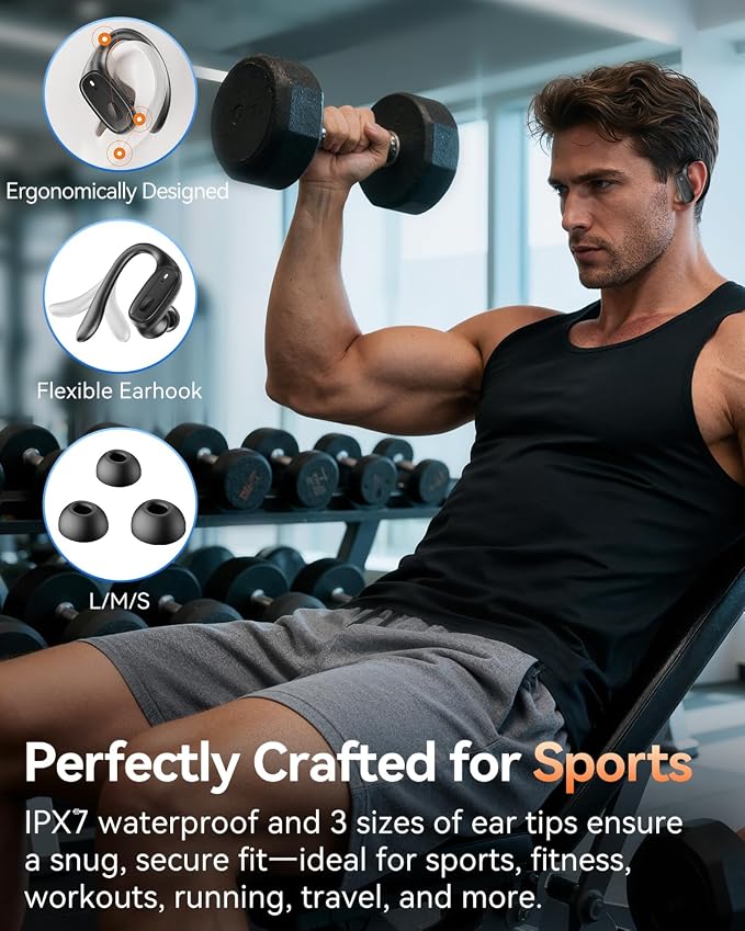 Wireless Earbuds with Ear Hooks, Running Headphones, Ear Buds for Sports | 80H Long Playtime, Noise Cancelling, Physical Button Control, LED Display, IPX7 Waterproof Workout Earphones, Black - Image 5