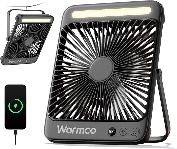 Warmco 20000mAh Battery Powered Fan, Ultra-Slim 8-Inch Portable Camping Fan with LED Lantern, Up to 48H Runtime Rechargeable Desk Fan for Bedroom, Outdoor, Tent, Travel, Cruise Ship Essentials by Warmwinterscoolsummers