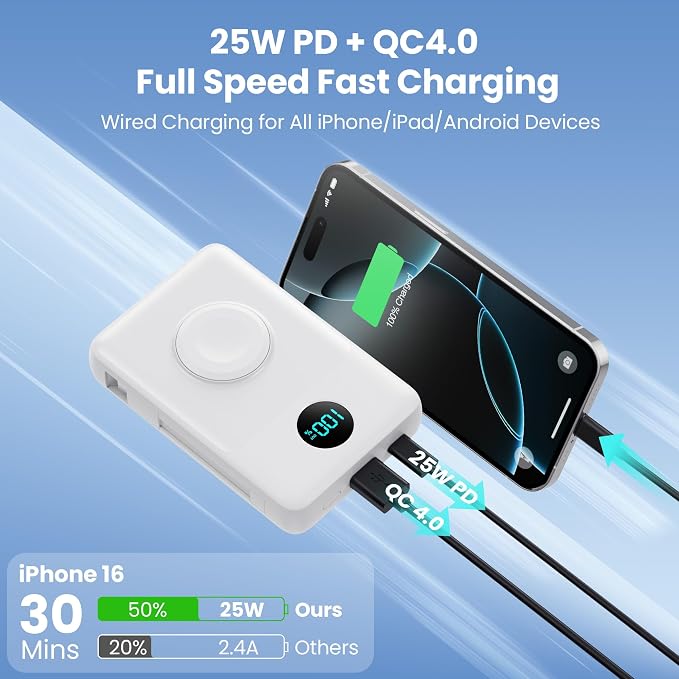 Magnetic Portable Charger for MagSafe with Built-in Cable, iWatch Charger, 10800mAh Wireless Power Bank Travel Essentials, 25W PD Fast Charging Battery Pack for iPhone 17/16/15/14/13,Apple Watch-White - Image 6