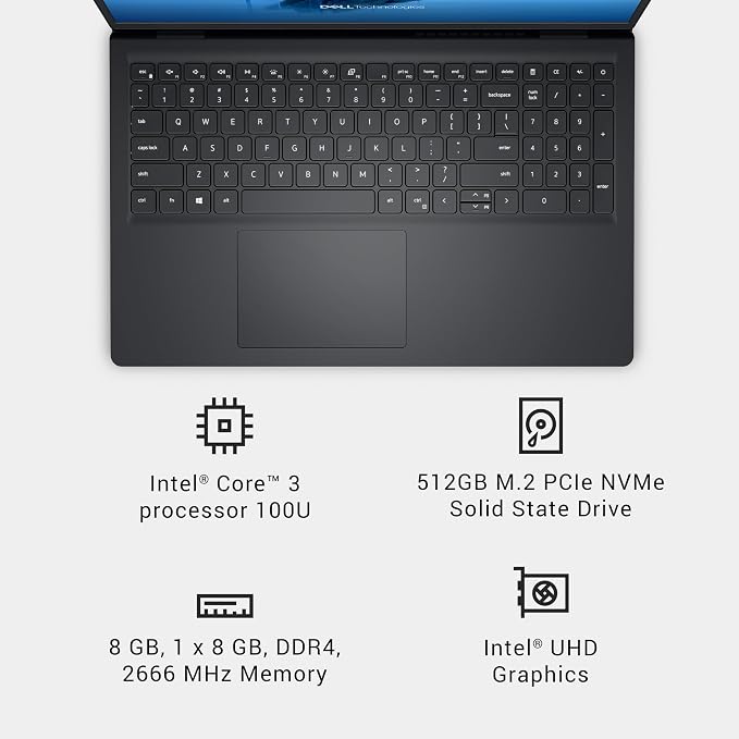 Dell 15.6 Laptop, FHD, Intel Core 3 100U, 8 GB RAM, Windows 11 Home | Anti-Glare IPS WVA, 250 nits, Intel UHD Graphics, DDR4, 512GB SSD, Wi‑Fi 6 & Bluetooth, DC15250 - Image 8