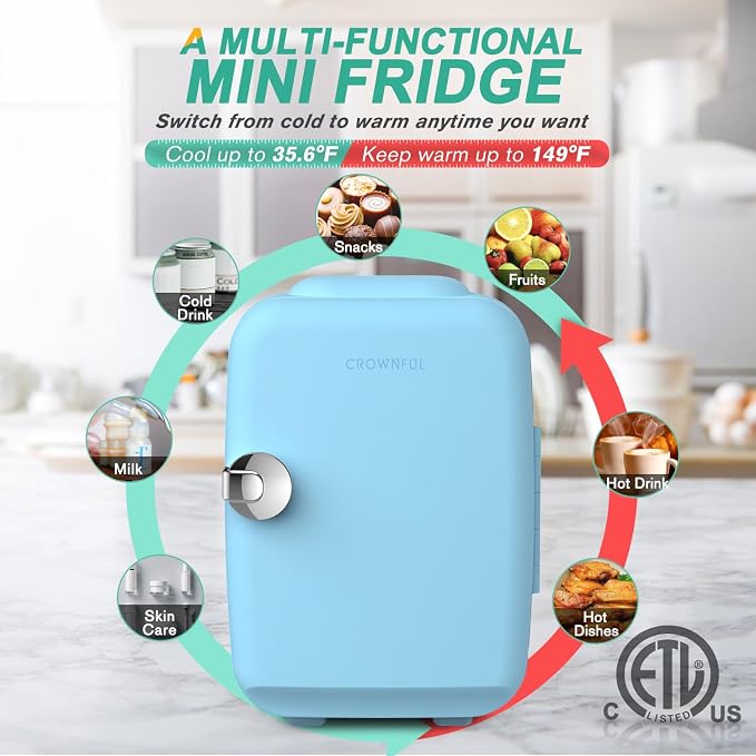 CROWNFUL Mini Fridge, 4 Liter/6 Can Portable Cooler and Warmer Personal Fridge for Skin Care, Cosmetics, Food,Great for Bedroom, Office, Car, Dorm, ETL Listed (Blue) - Image 3