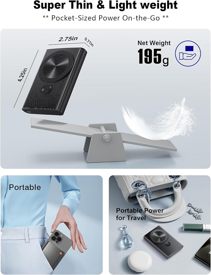 Kesguar Magnetic Portable Charger, 10000mAh 22.5W PD Super Fast Charging Wireless Power Bank. Ultra-Strong Magnet, USB C in&Out Battery Pack for Magsafe, iPhone 17/16/15/13/12 Pro Series - Image 6