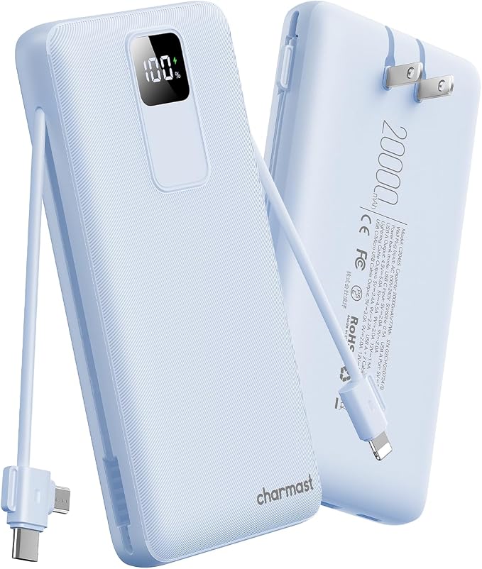 charmast 20000mAh Portable Charger with Built-in Cables & Wall Plug, 20W USB C Power Bank, Fast Charging Battery Pack Travel Essentials Compatible with iPhone 16/15/14 Series, Samsung, Google, iPad by Charmast