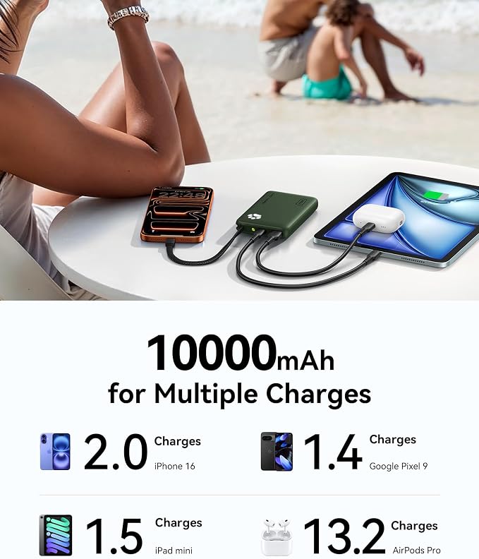 INIU 45W Power Bank, Fast Charging Portable Charger with Built-in USB C Cable, 10000mAh Small Type C Powerbank, Battery Pack for iPhone 17 16 15 14, iPad, Samsung S25 S24 etc Travel Camping, Green - Image 7