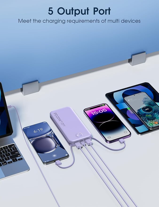 Nusyddy Portable Charger, 10000mAh PD20W Fast Charging Power Bank with Built-in Cables & Wall Plug, Travel Essential External Battery Pack, USB C Battery Phone Charger for iPhone, iPad, Samsung Purple - Image 6