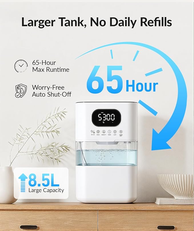AreShark Humidifier Large Room, 2.2 Gal/8.5L Cool Warm Mist Air Humidifiers for Bedroom, 65H Runtime, Humidity Setting, Easy to Clean, Top Fill, 30dB Quiet, 550ft² Coverage, for Plants, Adults, Kids - Image 3