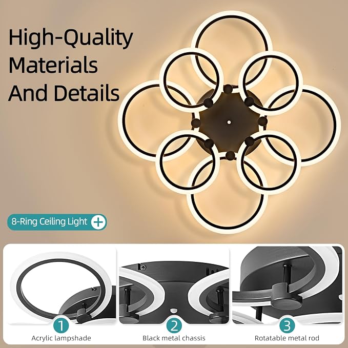 LED Ceiling Light, 8-Ring Modern Flush Mount Fixture, 145W Dimmable 3000K–6500K - Image 3