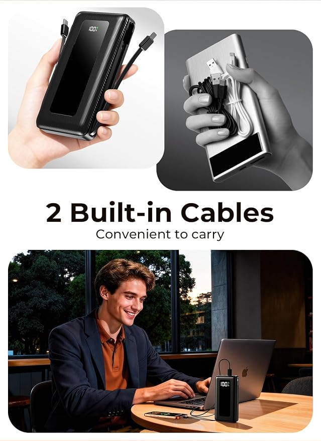Power Bank, 50000mAh Portable Charger, Travel Camping Essential Battery Pack with Built-in Cables, PD 22.5W Fast Charging, Large Capacity Portable Phone Charger, Jet Black - Image 4