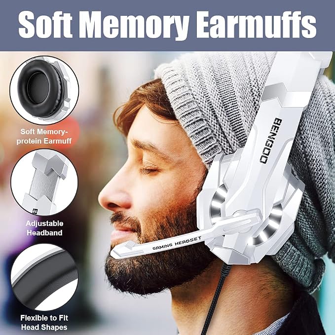 BENGOO Pro Gaming Headset for PS4 PS5 PC Xbox One Controller, Noise Cancelling Over Ear Headphones with Mic, LED Light, Bass Surround, Soft Memory Earmuffs for Laptop Mac - White - Image 3