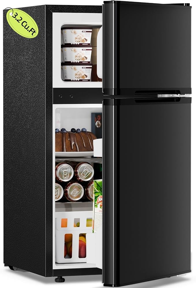 Kismile 3.2 Cu.Ft Mini Fridge with Freezer, 2 Door Dorm Refrigerator Black | Adjustable Thermostat, Removable Shelves, Food & Beverage Storage, Dorm Mini Fridge for Bedroom/ Office/ College/ Apartment by Kismile