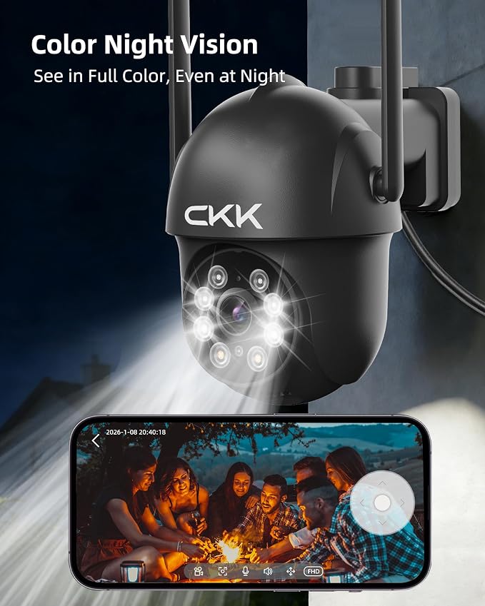 CKK 2K Security Camera Outdoor Corded Power, 360° Pan-Tilt, Color Night Vision - Image 4
