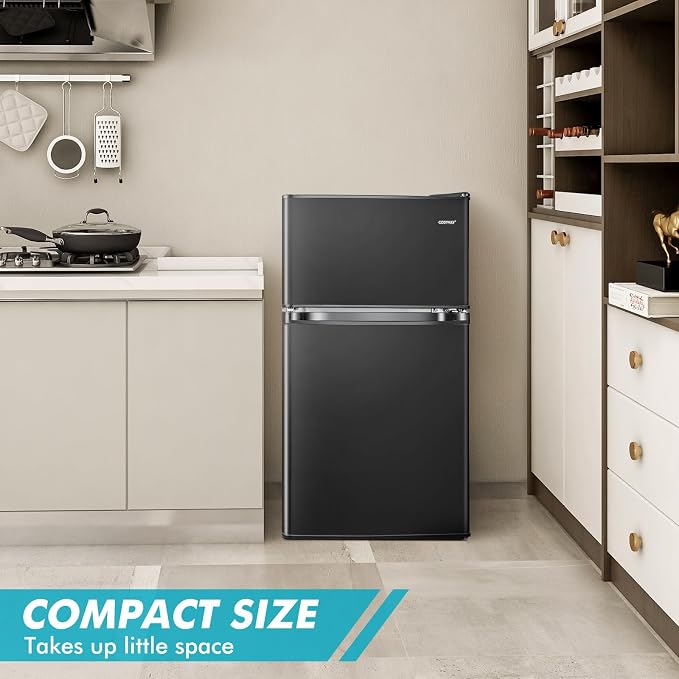 COSTWAY 3.2 Cu.Ft. Mini Fridge with Freezer, 2 Door for Office Bedroom Dorm | Compact Small Refrigerator with Reversible 2 Door, Adjustable Thermostat, Removable Glass Shelves for Food & Drink, Black - Image 2
