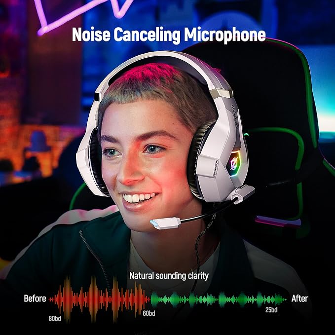 Ozeino Gaming Headset for PC, Ps4, Ps5, Xbox Headset with 7.1 Surround Sound Gaming Headphones with Noise Canceling Mic, LED Light Over Ear Headphones for Switch, Xbox Series X/S, Laptop, Mobile White - Image 2