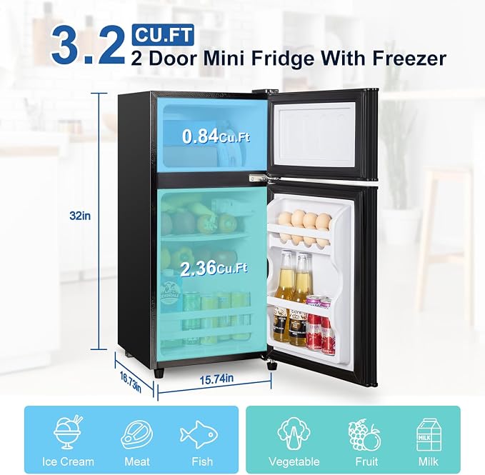 3.2 Cu.Ft Mini Fridge with Freezer, 7-Level Cooling Small Refrigerator | Energy Efficient Low Noise Double Door Compact Fridge for Dorm, Bedroom, Office - Black - Image 2