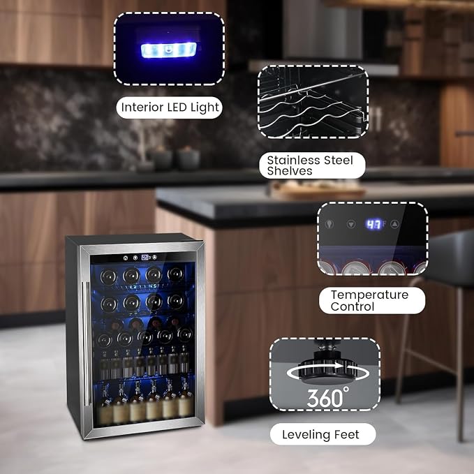Electactic Wine Cooler 37 Bottle Freestanding Fridge with Stainless Steel Reversible Glass Door, 145 Can Beverage Refrigerator Quiet Compressor for Home Kitchen Bar, 4.5 Cu.ft Silver - Image 7