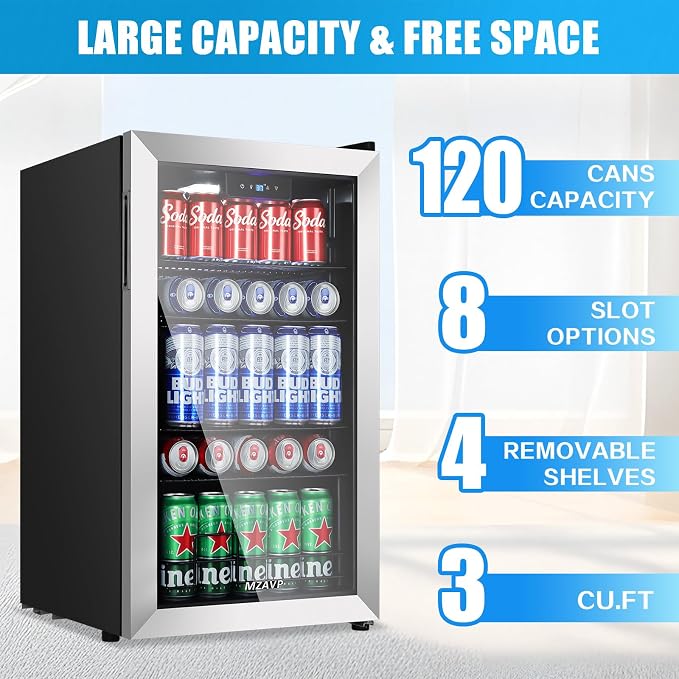 Beverage Refrigerator Cooler, 120 Can Mini Beverage Fridge with Reversible Glass Door for Soda Beer, 3 Cu.Ft Drink Fridge with Digital Temperature Control & Adjustable Shelves - Silver - Image 2