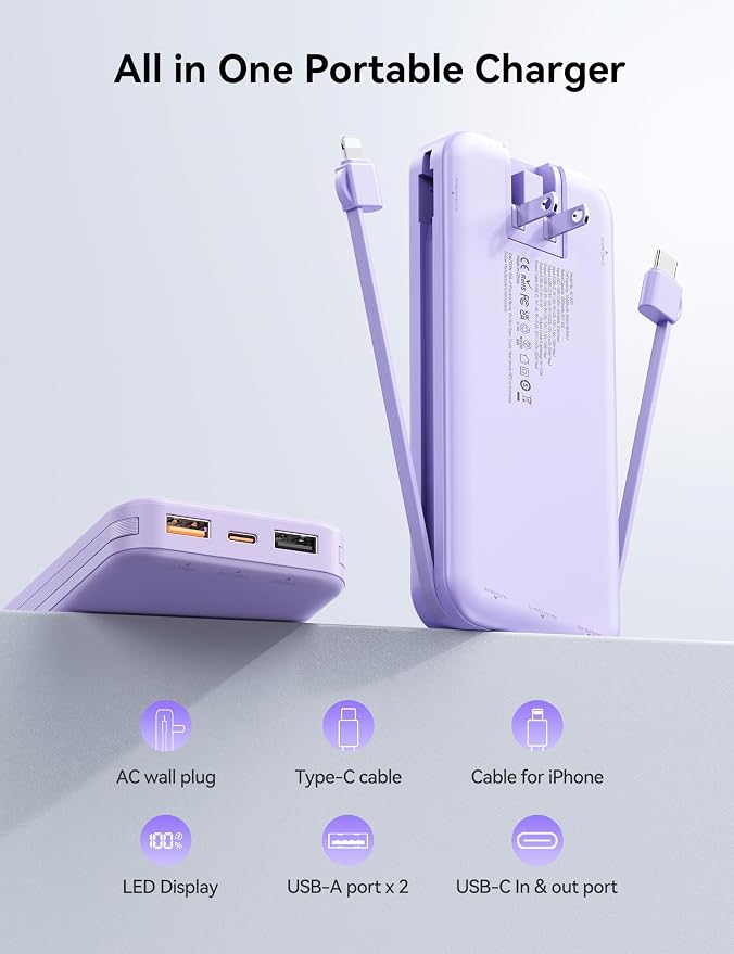 10000mAh Ultra-Portable-Charger-Power-Bank with Built in Cables&AC Wall Plug, PD20W USB-C Fast Charging Cell Phone Charger Battery Pack,LED Display Travel Battery Bank for All iPhone,Samsung,Android - Image 2