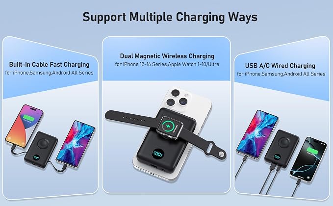 Magnetic Portable Charger for MagSafe with Built-in Cable, iWatch Charger,10800mAh Wireless Power Bank Travel Essentials,25W PD Fast Charging Battery Pack for iPhone 17/16/15/14/13 Series,Apple Watch - Image 7