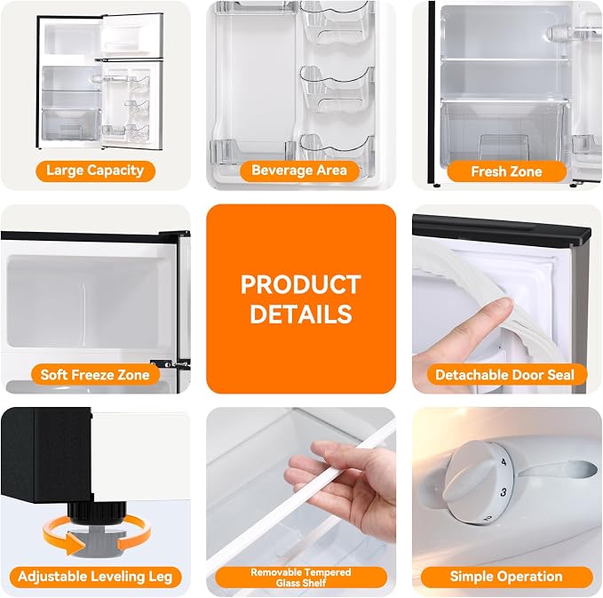 Mini Fridge with Freezer 3.2 Cu.Ft. 2 Door Refrigerator and Freezer Small Fridge for Bedroom Home Office Dorm, Small Drink Chiller, 37 dB Low Noise, Stainless Steel - Image 9