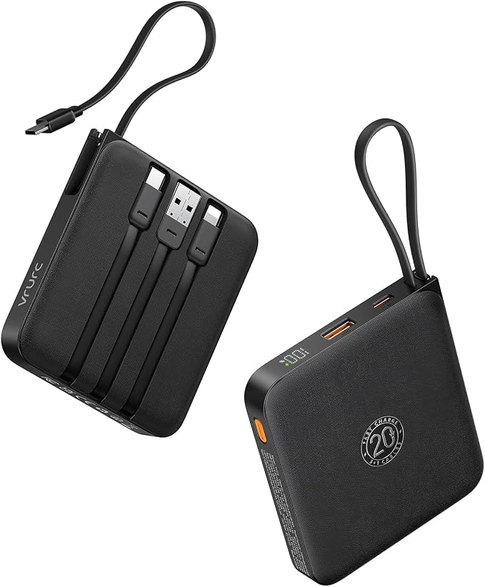 VRURC Portable Charger with Built-in Cable, 10000mAh 22.5W Fast Charging USB C Battery Pack, Cell Phone Power Bank for iPhone 17 16 15 Series Android Tablet (Black) by Home