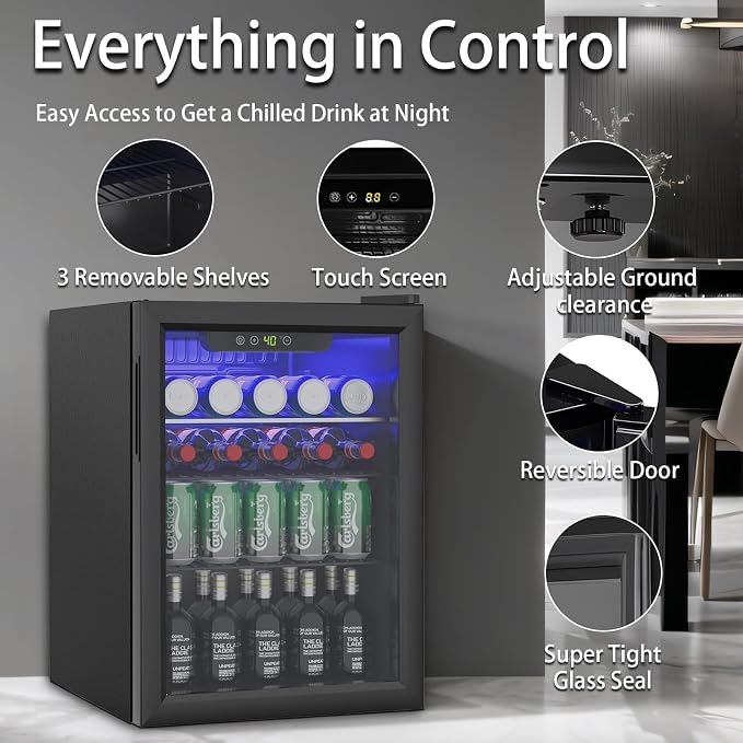 Compact Beverage Refrigerator, 2.6Cu.Ft/95 Can Mini Fridge with Glass Door and Digital Display, Small Drink Fridge with Adjustable Shelves for Soda, Beer, or Wine, Compact Fridge for Home - Image 2