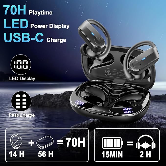 Ordtop Sport Wireless Earbuds with Earhooks, 70H Playtime, IPX8 Waterproof | Bluetooth 5.4, 4 ENC Microphones, Deep Bass Sound, LED Display, USB-C Fast Charging, Secure Fit For Running, Gym And Workouts - Image 4