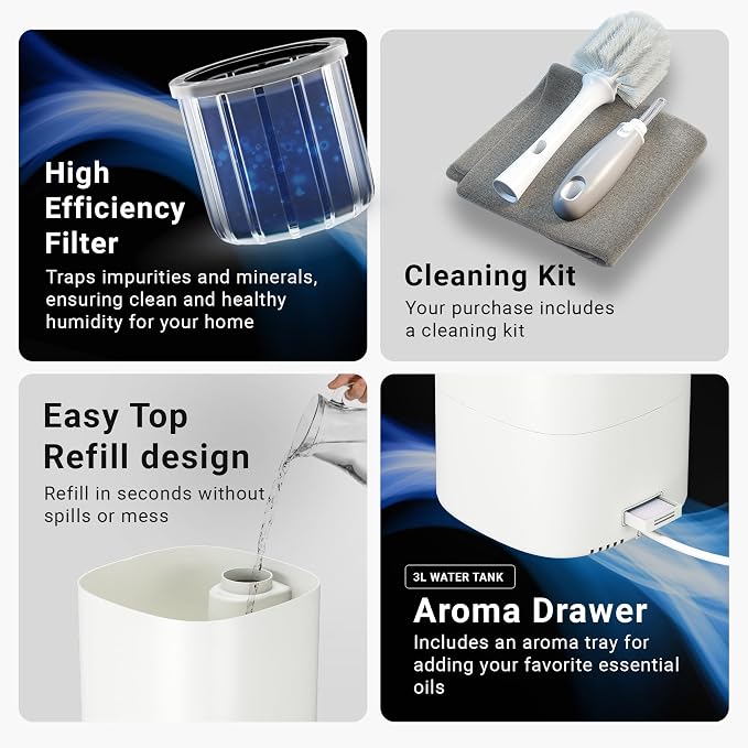MIKO Ultrasonic Humidifiers for Bedroom Baby - Pre Filter, Wifi App controlled, Auto Mode, No Leak Design, Sleep Mode, Built-in Timer, Humidifier for Babies & Home - Image 4
