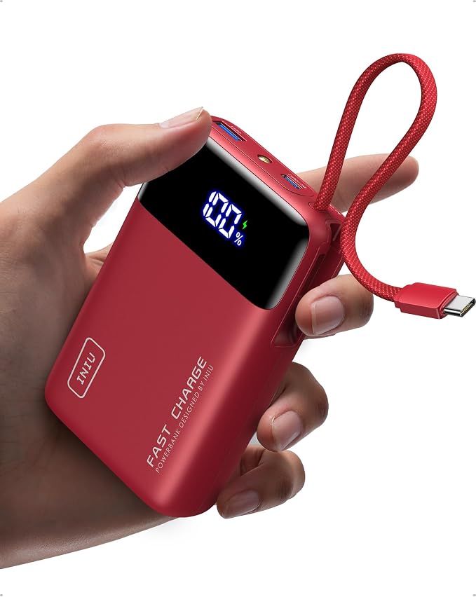 INIU 20000mAh Power Bank, Small Portable Charger, 45W PD Fast Charging Battery Pack with Build in USB-C Cable, Travel Phone Charger for iPhone 17 16 15 14 Air Samsung S25 S24 Google iPad Xiaomi, Red by INIU