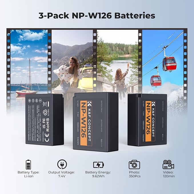 K&F CONCEPT 3-Pack NP-W126 Battery and Upgraded 3-Slot NP-W126S XT30III Battery - Image 3