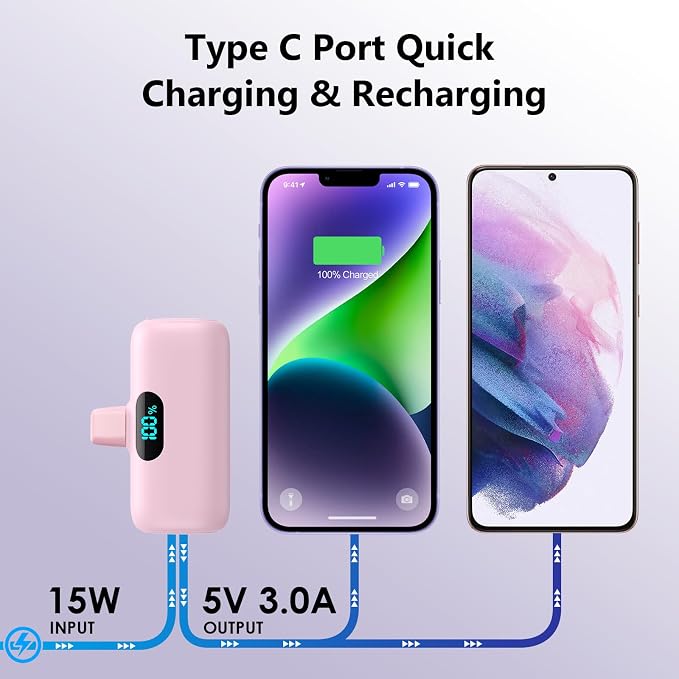 Mini Portable Charger for iPhone,Upgraded 5000mAh PD Fast Charging Battery Pack,LCD Display Cute Power Bank Portable Phone Charger for iPhone 14/14 Pro Max/13/13 Pro/12 Pro/11/XS/XR/X/8/7/6-Pink - Image 6