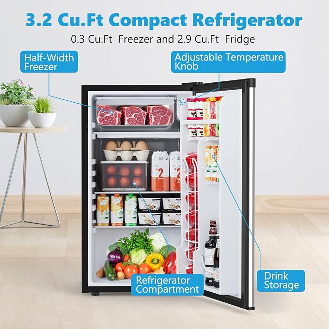 COWSAR 3.2 Cu.Ft Mini Fridge with Freezer for Bedroom Office, Silver | Single Reversible Door, 7 Temperature Settings, Energy Saving, 2 Removable Shelves, Compact Fridge for Apartment Dorm - Image 2