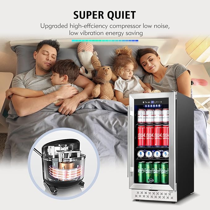 15" Beverage Cooler 130 Can Quiet Compressor Fridge | Quiet < 38dB, fast stable cooling, temp memory, glass door lock, built-in/freestanding - Image 4