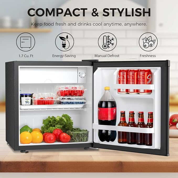 Antarctic Star 1.6 Cu. Ft Mini Fridge with Freezer,Small Compact Refrigerator with Single Reversible Door, Removable Shelves, 7 Adjustable Thermostat, for Dorm/Bedroom/Office,Black - Image 2