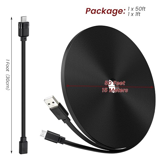 50ft Power Extension Cable Compatible - 15m Long Flat Micro USB Charging Cord - Image 8