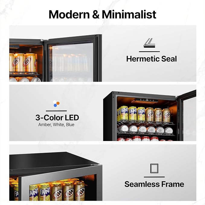 Ca'Lefort 155 Cans Mini Fridge, Beverage Refrigerator Cooler for Drink/Beer | 4.59 Cu.ft, Low-noise, Reversible Glass Door, 3-Color LED Lighting, Adjustable Shelves, 34℉ to 54℉ | Home Dorm Office Kitchen - Image 7