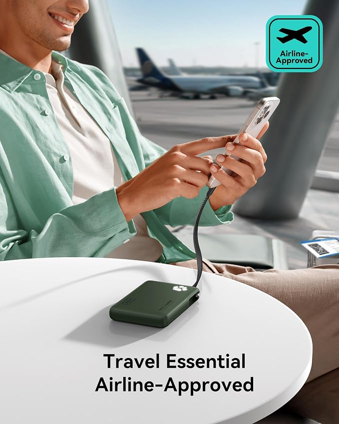 INIU 45W Power Bank, Fast Charging Portable Charger with Built-in USB C Cable, 10000mAh Small Type C Powerbank, Battery Pack for iPhone 17 16 15 14, iPad, Samsung S25 S24 etc Travel Camping, Green - Image 5