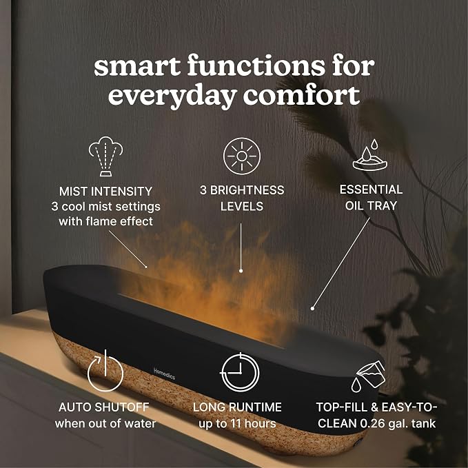 Homedics Fireside Ultrasonic Humidifier, Medium Sized Rooms, Visible Flame-Effect Cool Mist, 0.26-Gal Top-Fill Tank, Dry Air Relief at Home, Breathe & Sleep Better, Aromatherapy - Image 3