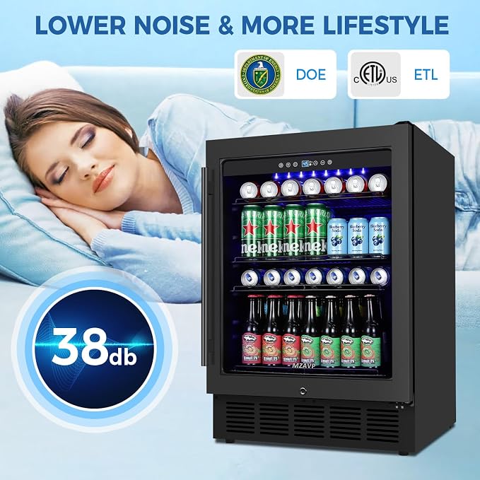 24 Inch Beverage Refrigerator Under Counter, Drink Fridge 180 Cans Large Capacity with Glass Door, 38dB Whisper Quiet Beverage Cooler Built-in for Home Bar Office, Memory Function for Beer Soda, Black - Image 7