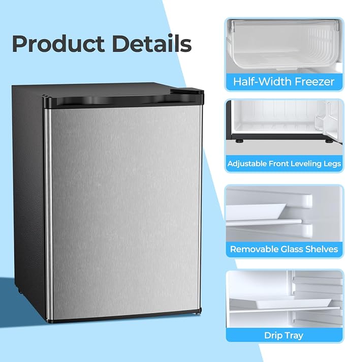 Antarctic Star 2.56 Cu.Ft. Mini Fridge with Freezer, Small Refrigerators with Adjustable Thermostat, Low Noise, Energy Saving, Compact Refrigerators for College Dorm, Office, Bedroom, Stainless Steel - Image 5