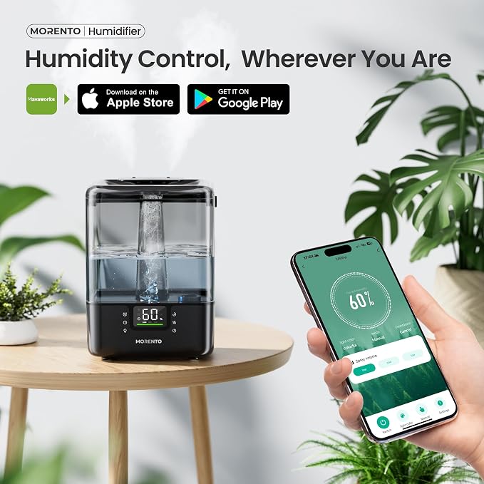 MORENTO Smart Humidifiers for Bedroom Large Room Home, 6L Cool Mist Top Fill Humidifier with Essential Oil Diffuser, Smart App & Voice Control, for Nursery & Plants, Black, 1 Pack + 7 Color NightLight - Image 2