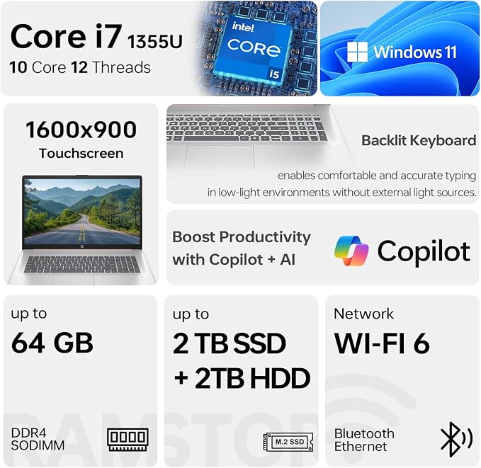 HP 17.3" Touchscreen Laptop, Intel Core i7-1355U, Pale Rose Gold, 64GB RAM, 1TB SSD, Webcam, HDMI, Backlit Keyboard, Fingerprint Reader, Wi-Fi 6, Windows 11 Pro - Image 2