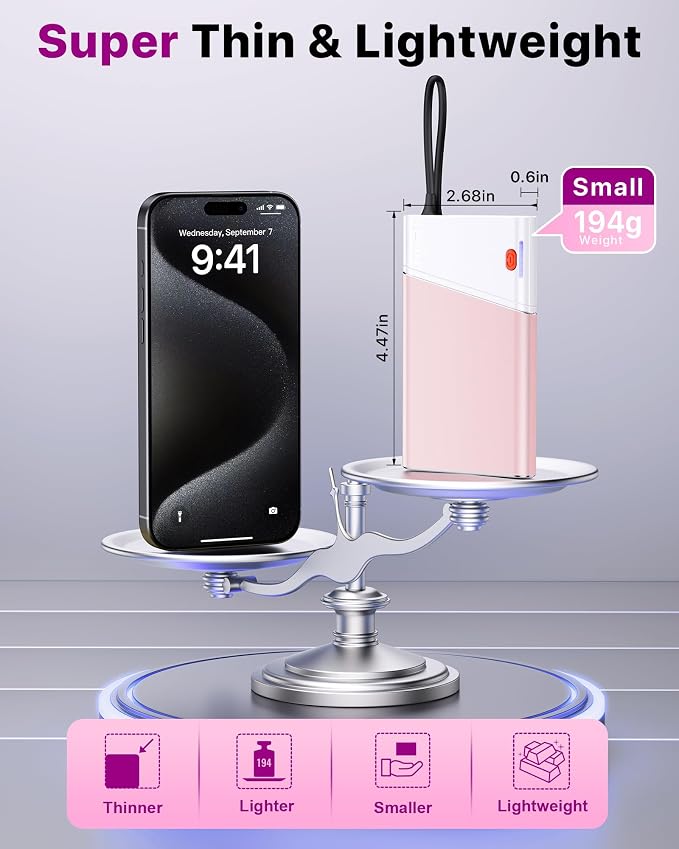 Aaoyun Portable Charger Power Bank, 10000mAh 22.5W PD Fast Charging Powerbank with Built-in USB C Cable, Slim External Phone Battery Pack for iPhone 17/16/15 Samsung S24 Android etc (Pink) - Image 5