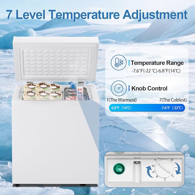 Erivess 2.0 Cu Ft Compact Chest Freezer, Mini Deep Freezer 7 Temp Settings | Energy Saving & Low Noise Free Standing Top open Door Small Freezer, Reversible Door, Removable Shelves, Small freezer, Home - Image 4