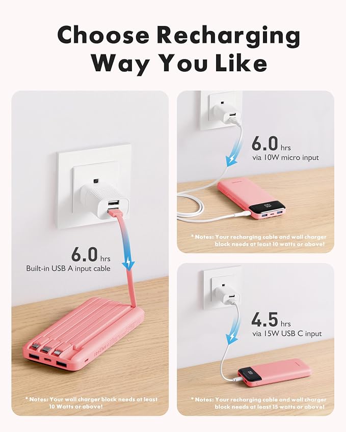 Charmast Portable Charger with Built in Cables, Power Bank with Cords Wires, Slim 10000mAh Travel Battery Pack 6 Outputs 3 Inputs 3A Fast Charging for Samsung Google Pixel LG Moto iPhone iPad - Image 4