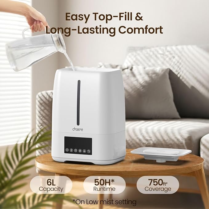 6L Top Fill Ultrasonic Humidifier - Cool and Warm Mist for Bedroom, Baby, Large Rooms & Plants, Smart Humidity Control, Aroma Diffuser, Night Light, 12H Timer, Quiet, White - Image 2