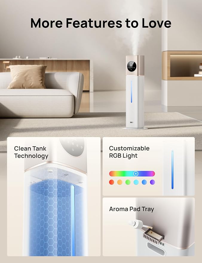 DREO HM735S 11L Smart Humidifier Large Room 700 ft², 100H Cool Mist Air Humidifiers for Bedroom, Top-Fill, Clean Tank Technology, 26dB, Auto Mode, Aroma Box, RGB, Remote & APP Control, Baby, Starlight - Image 7