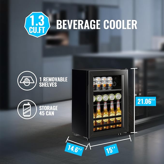 1.3 Cu.ft Beverage Refrigerator Drink Mini Fridge Refrigerator for Soda Beer or Cans Personal Beverage Cooler 7 Modes Temp Adjustable Shelves Suit for Home, Office, Dorm - Image 5
