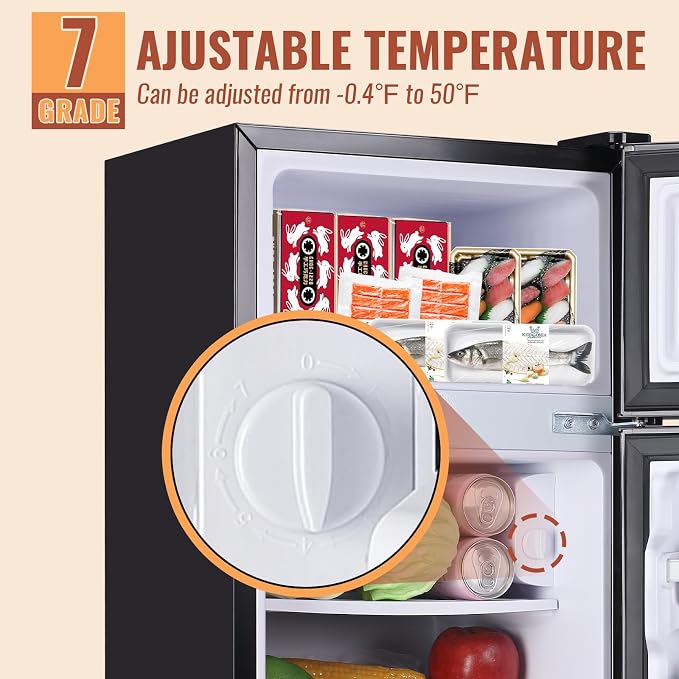 Mini Fridge with Double Doors 2.4 ft³ Small Refrigerator with Separate Freezer & 7 Adjustable Temperature Control, Tiny Size & Personal Fridge Ideal for Office Apartment Dorm Dark Grey - Image 5